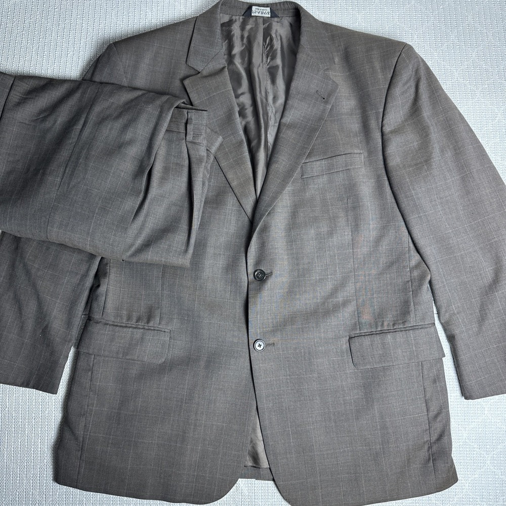 Jos A Bank 2 Button Suit Set Jacket 46R Pants 40x29 Wool Brown Windowpane
